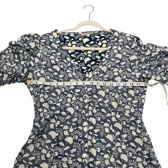FAHERTY Havana Prairie puff sleeve Linen midi Dress size M Indigo Echo Floral - Picture 10 of 13
